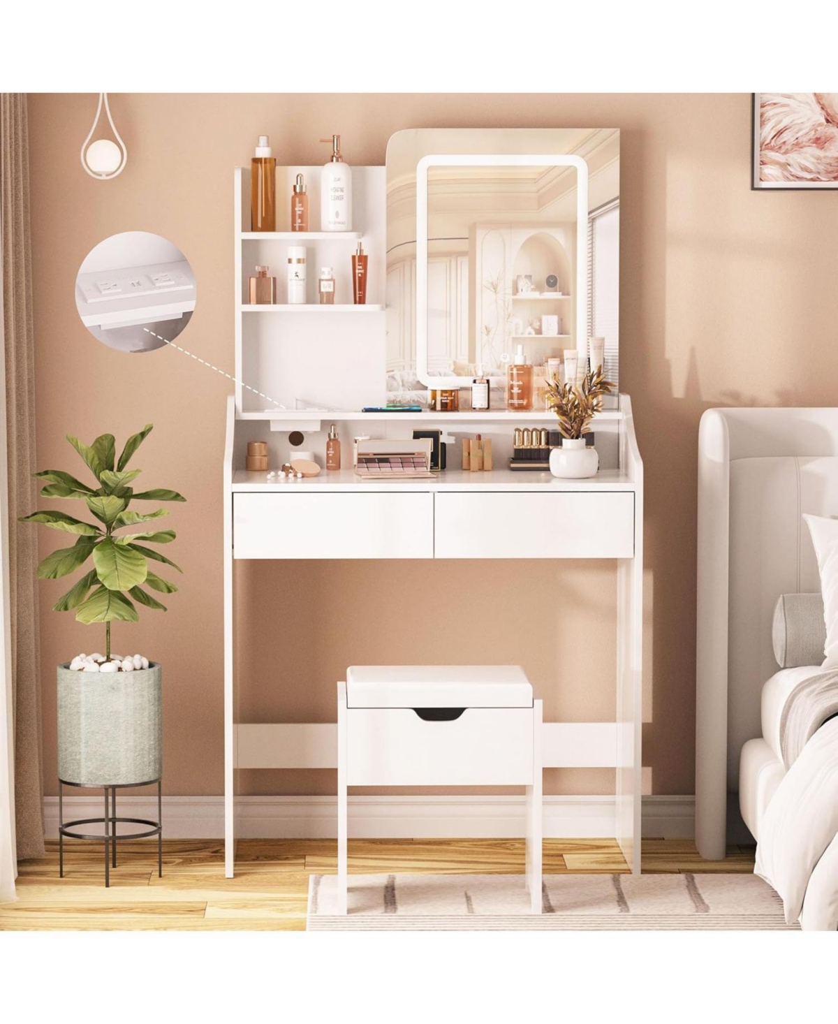 Vabches Vanity Desk with Led Mirror and Charging Station, Makeup Table with Storage Stool