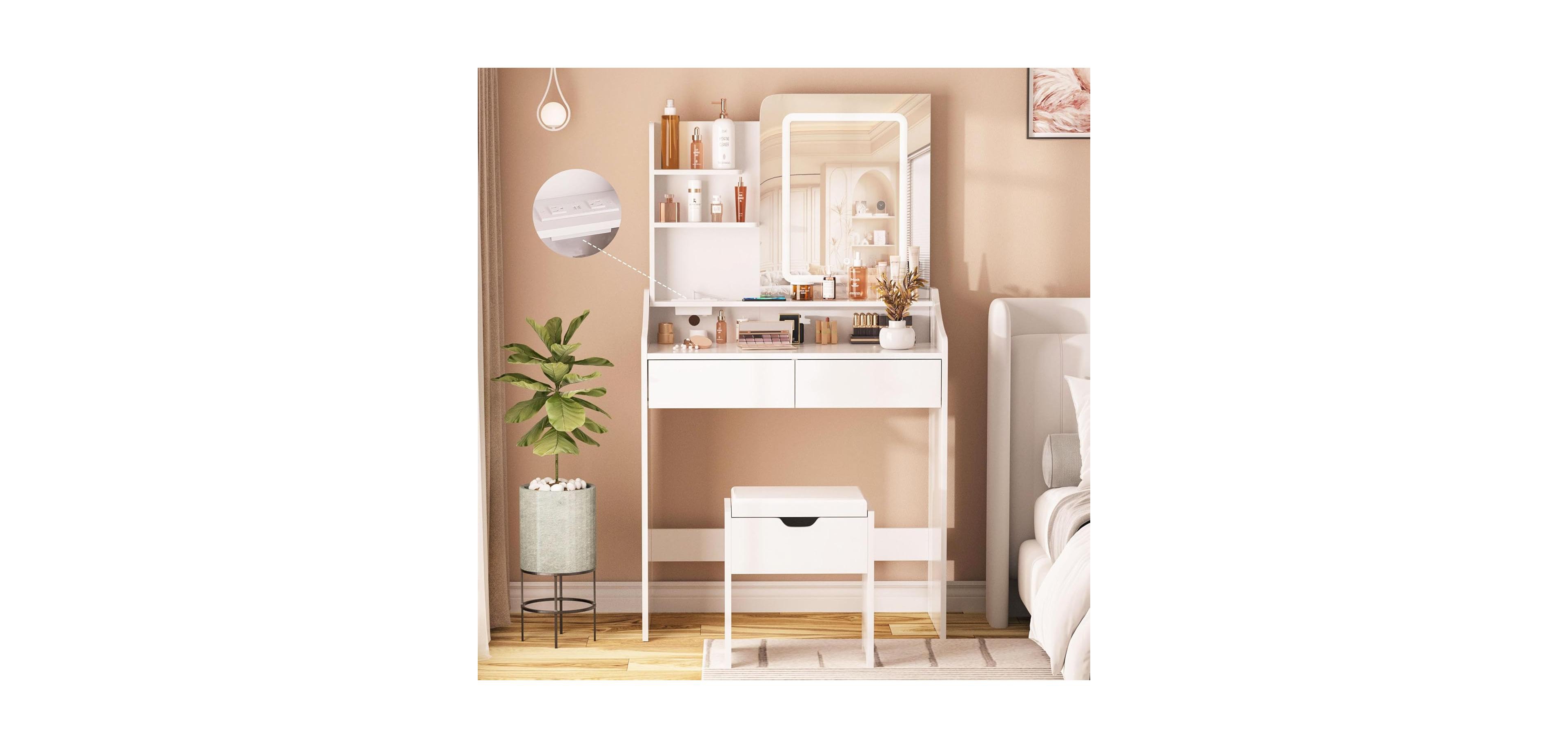 Vabches Vanity Desk with Led Mirror and Charging Station, Makeup Table with Storage Stool