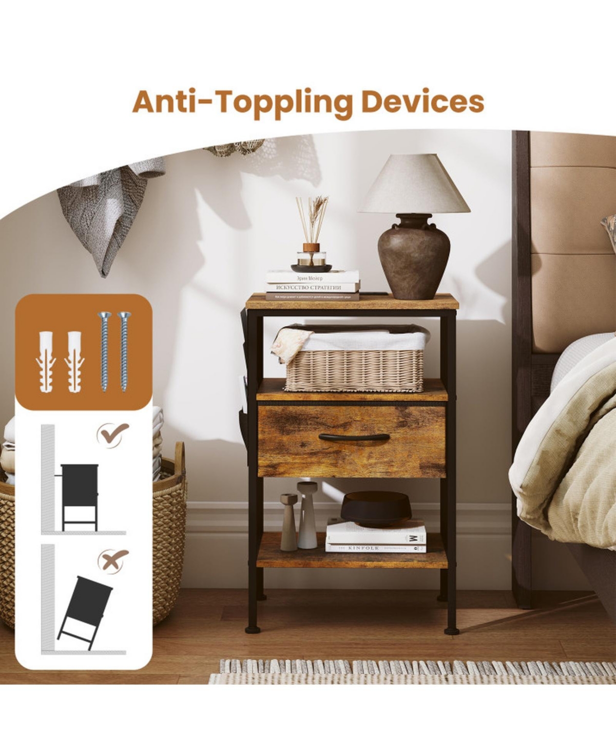 Sugift Nightstand with Charging Station 24.5 Inch Bedside Table Featuring Fabric Drawer and Side Pocket
