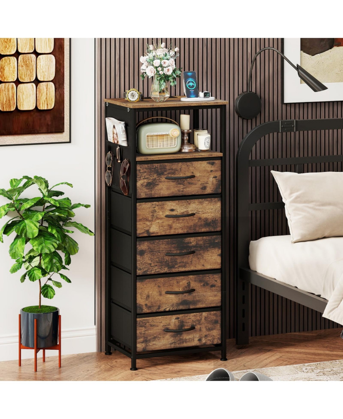 Sugift Tall Nightstand with Integrated Charging Station 39 Inch Bedside Tower Featuring 5 Fabric Drawers