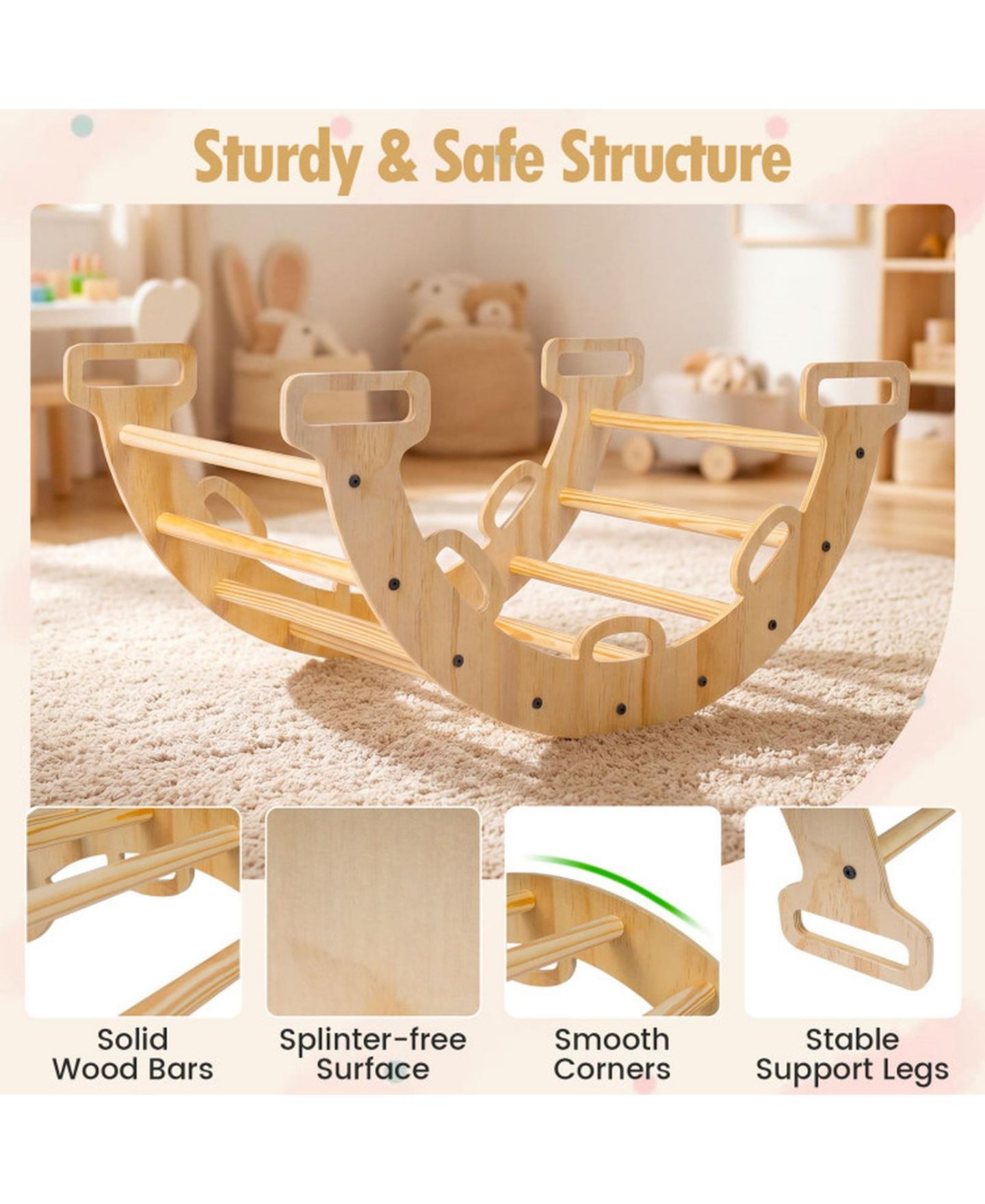 Детская игрушка SUGIFT 3-in-1 Wooden Rocking Climbing Arch with Removable Cushion, 32" x 19" x 15", 110 Lbs, Ages 1+, цвет: Натуральный — фото 9