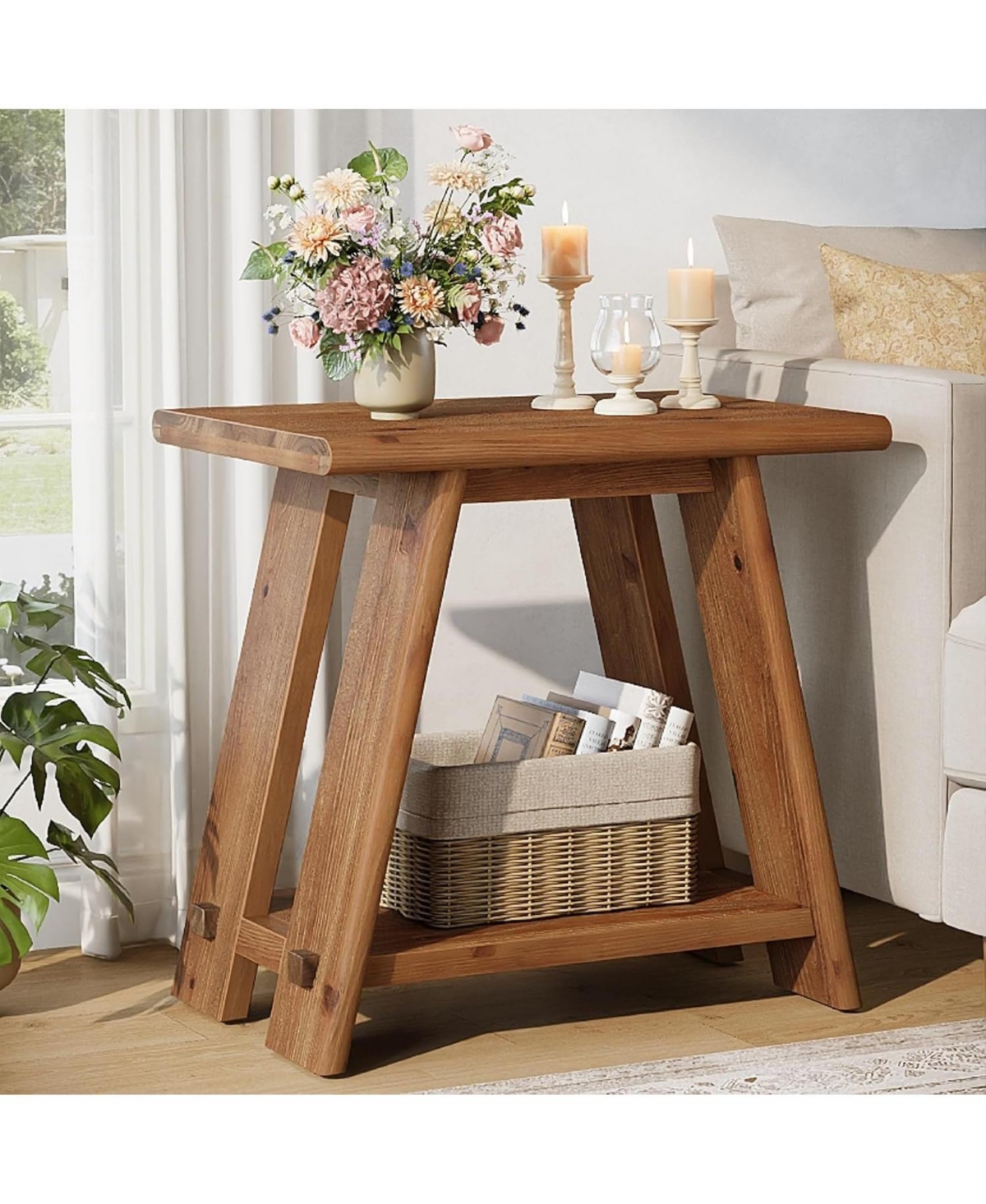 Tribesigns Solid Wood Side Table with 2-Tier Storage - Brown