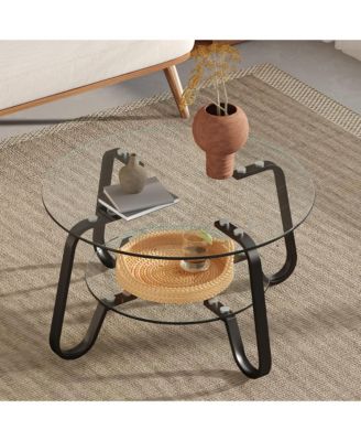 31.5 Inch Retro Double-Layer Tempered Glass Coffee Table, Metal Frame Compact Accent Table for Home Office
