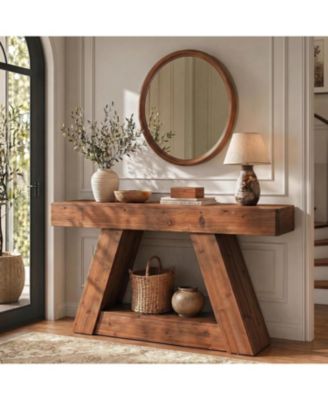 63" Rustic Solid Wood Console Table With Angled Legs and Lower Shelf, Farmhouse Entryway Table