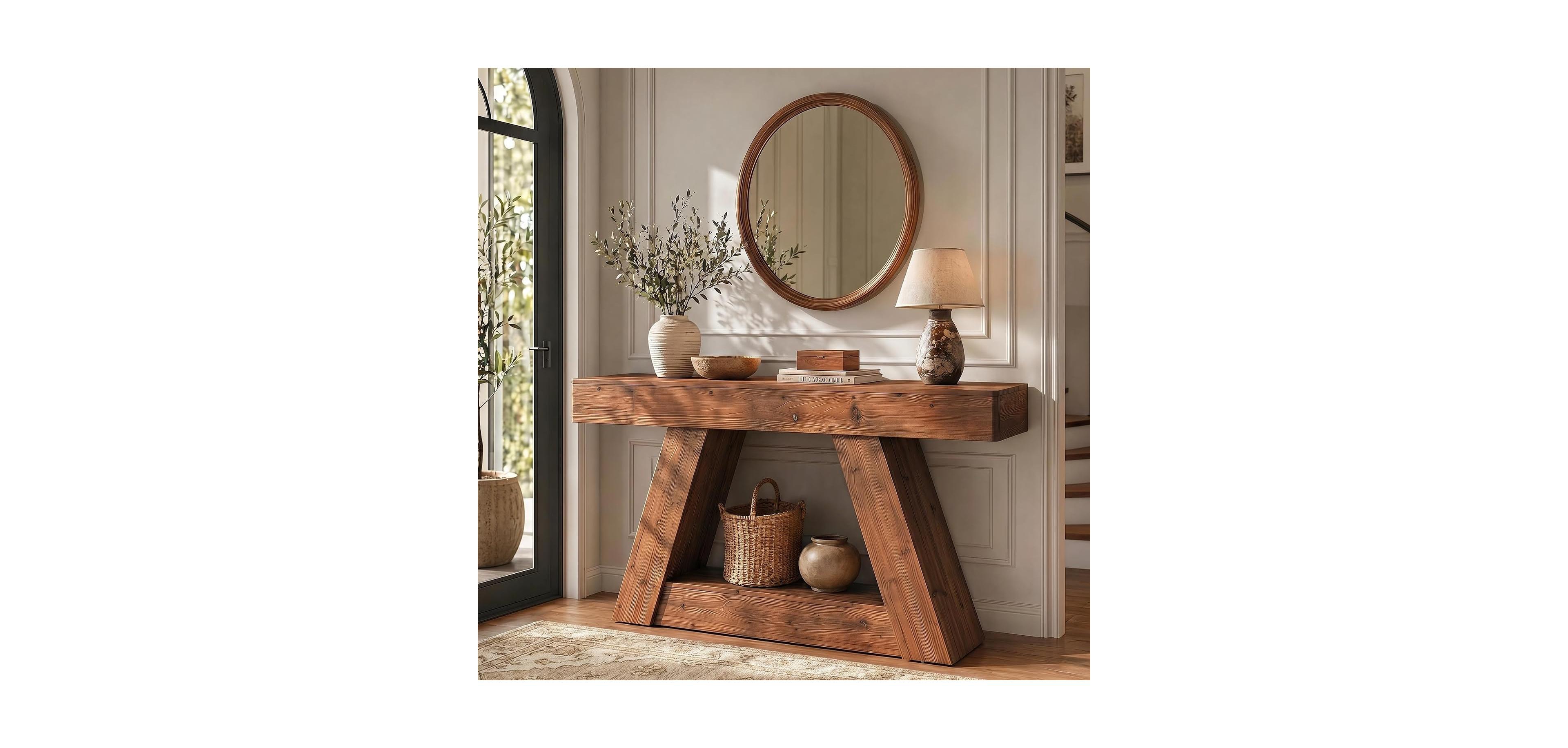 Tribesigns 63" Rustic Solid Wood Console Table With Angled Legs and Lower Shelf, Farmhouse Entryway Table