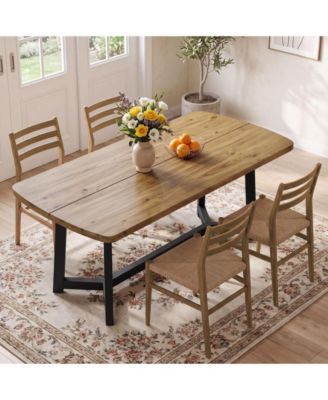 63" Farmhouse Pine Solid Wood Dining Table with Metal Frame