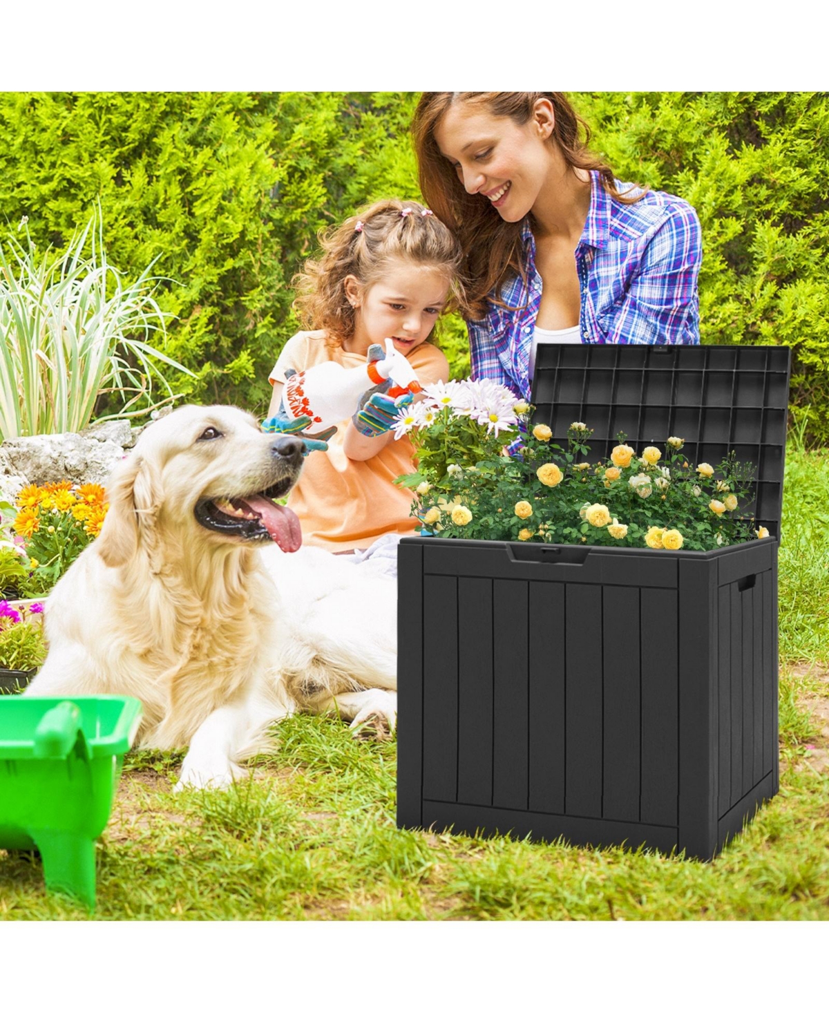 Mecale 30-Gallon Deck Box with Lockable Lid, Woodgrain Patio Storage Seat