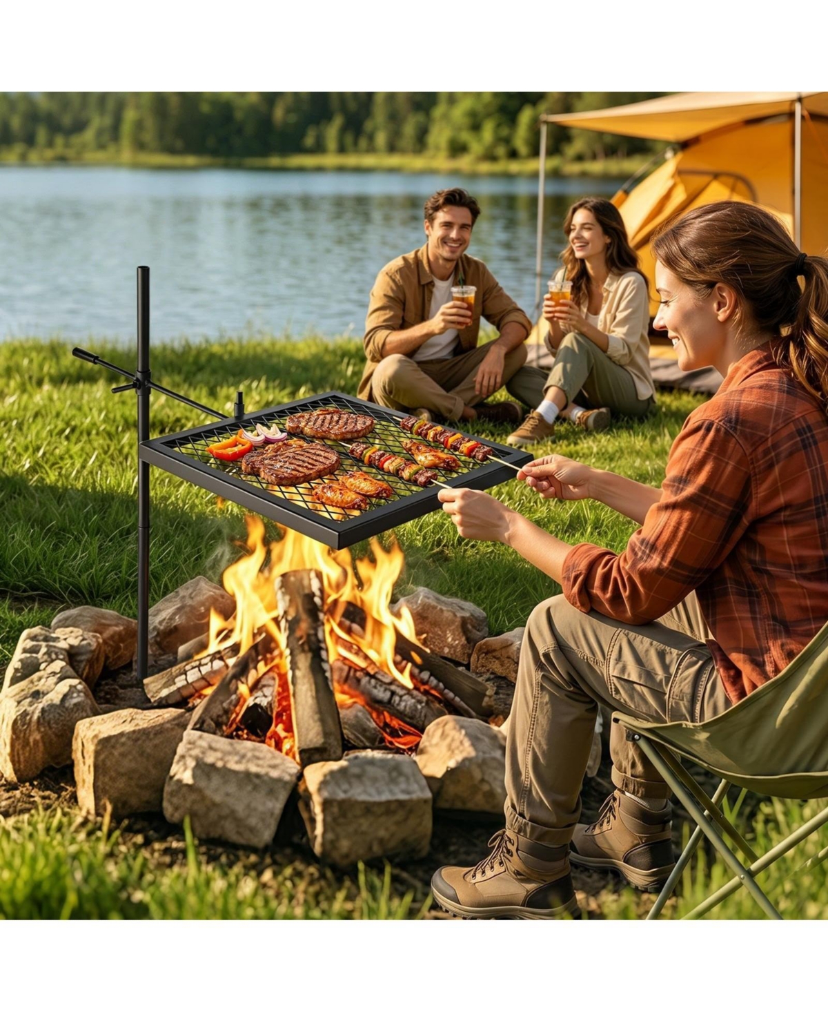 Sugift 16 In Swivel Campfire Grill Grate with 360 Degree Height Adjustable Steel Arm and Carry Bag