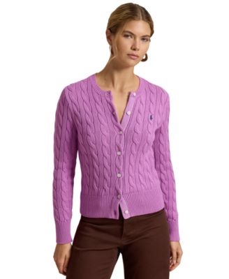 Women's Cable-Knit Cotton Crewneck Cardigan Sweater