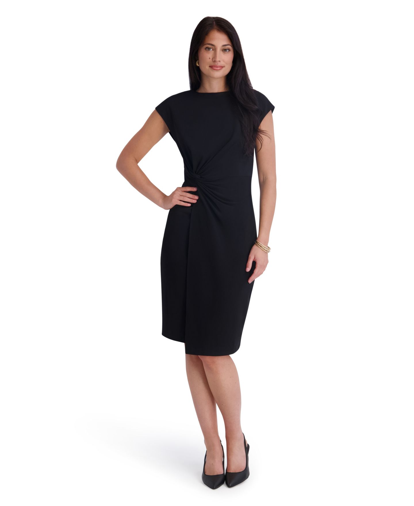 Женское платье Kensie Crepe Scuba Gathered Twist-Front Cap-Sleeve, цвет: Чёрный — фото 1