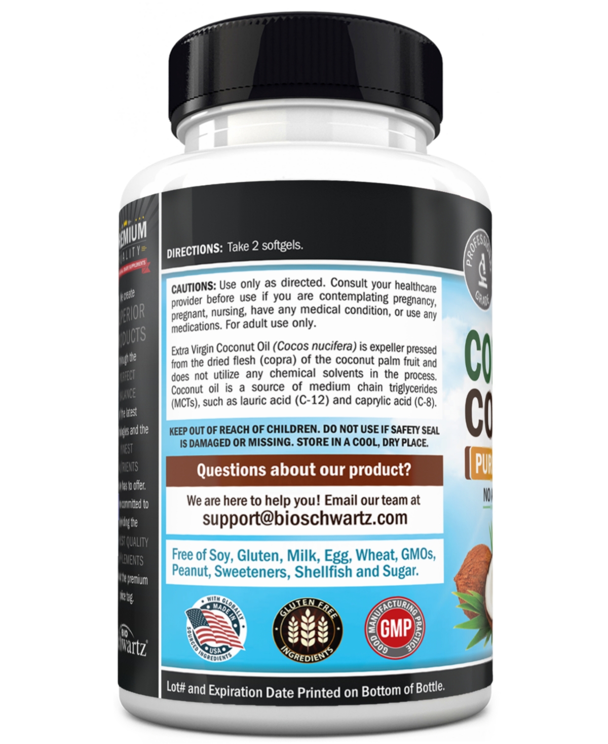 BioSchwartz Coconut Oil Capsules 2000mg, Extra Virgin Unrefined Cold Pressed, Mct Rich, for Healthy Skin, Nails, Hair Growth, Digestion, 240 Count