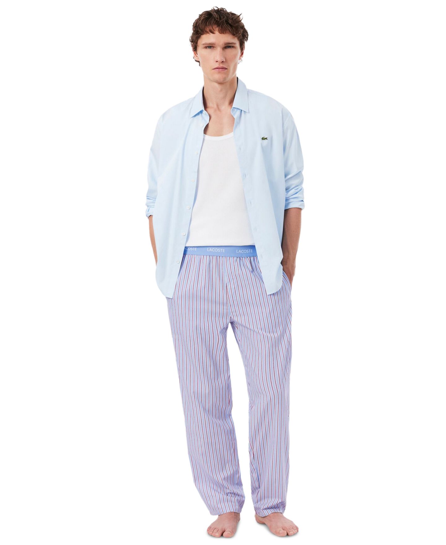 Пижамные брюки для мужчин, хлопок, в полоску — Lacoste, цвет: Белый бордо — фото 2