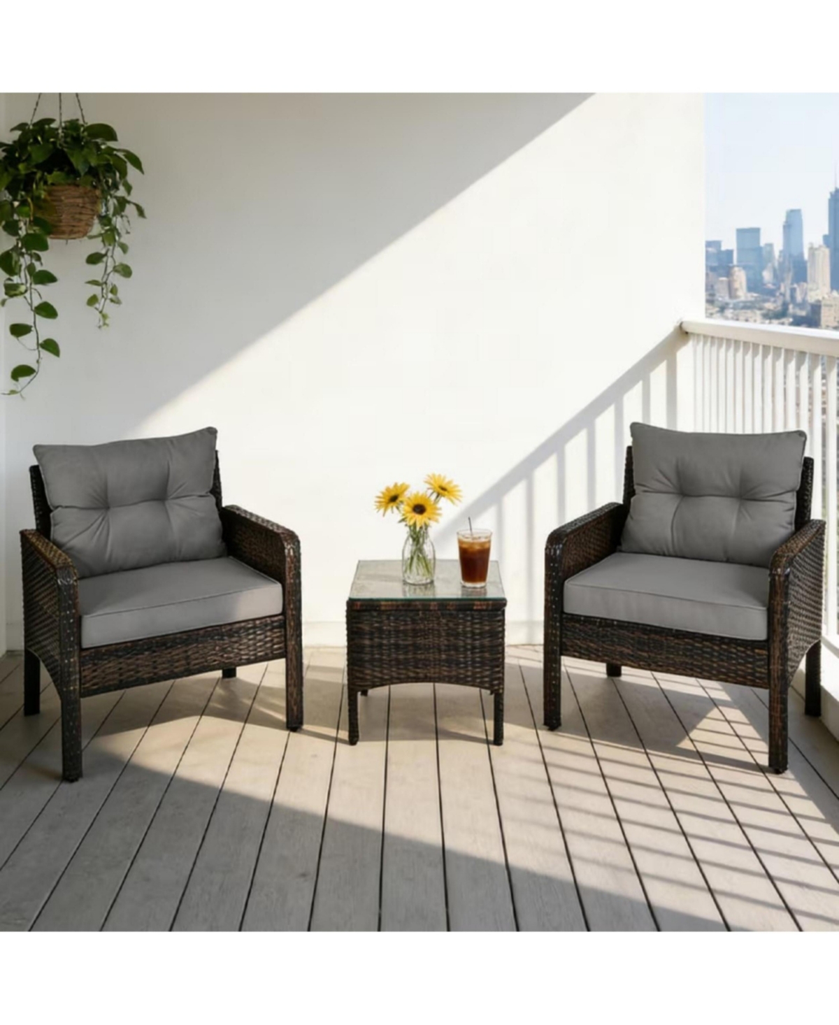 Yiortwo 3-Piece Patio Pe Wicker Furniture Set with Cushions and Glass Table