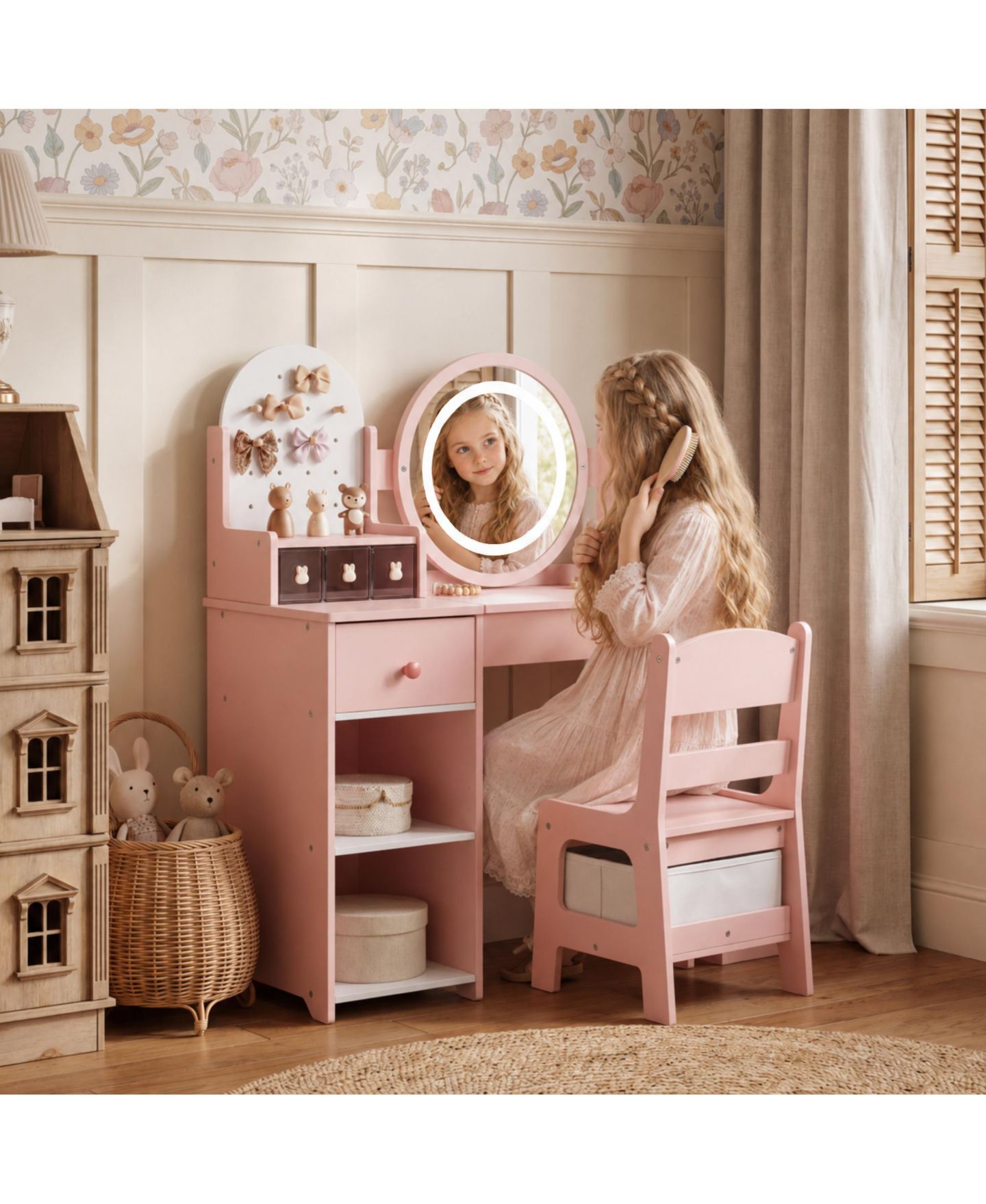 Детские игрушки Kinder King LED-Lighted Mirror Vanity Set with Storage Drawer and Stool, 2-Piece, Ages 3+, цвет: Пастельный розовый — фото 1