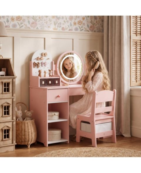 Детские игрушки Kinder King LED-Lighted Mirror Vanity Set with Storage Drawer and Stool, 2-Piece, Ages 3+, цвет: Пастельный розовый