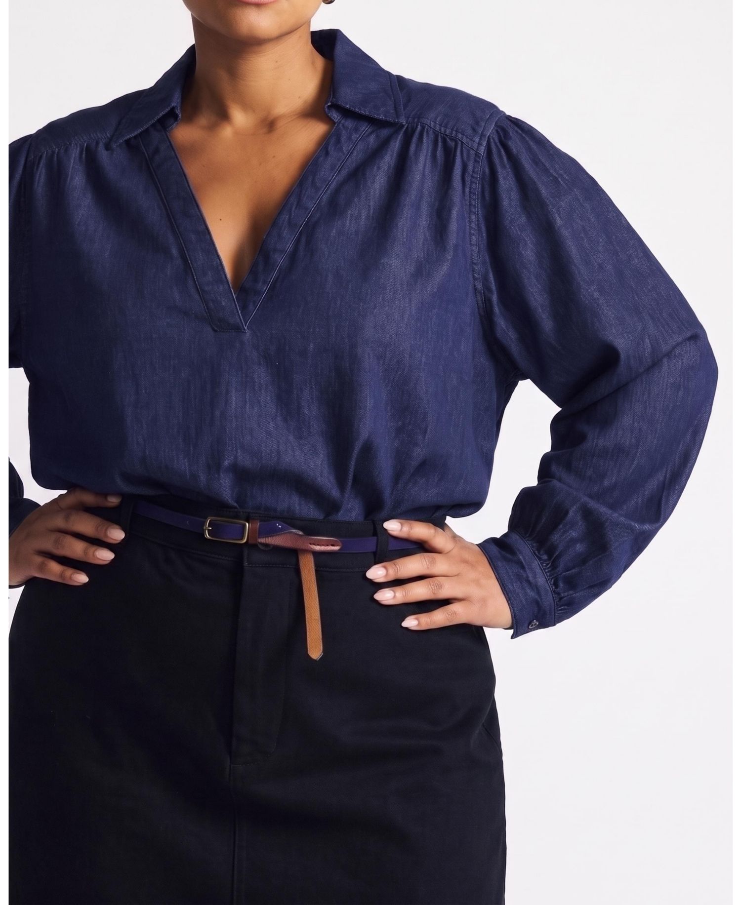 Plus Size Maisie Chambray Popover Long-Sleeve Blouse