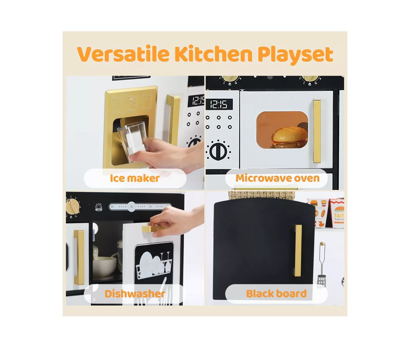 Детская игрушка Kinder King Wooden Pretend Play Kids Kitchen, Toy Kitchen Playset With Oven, Microwave for Boys Girls Age 3+, цвет: Тёмный серый — фото 7