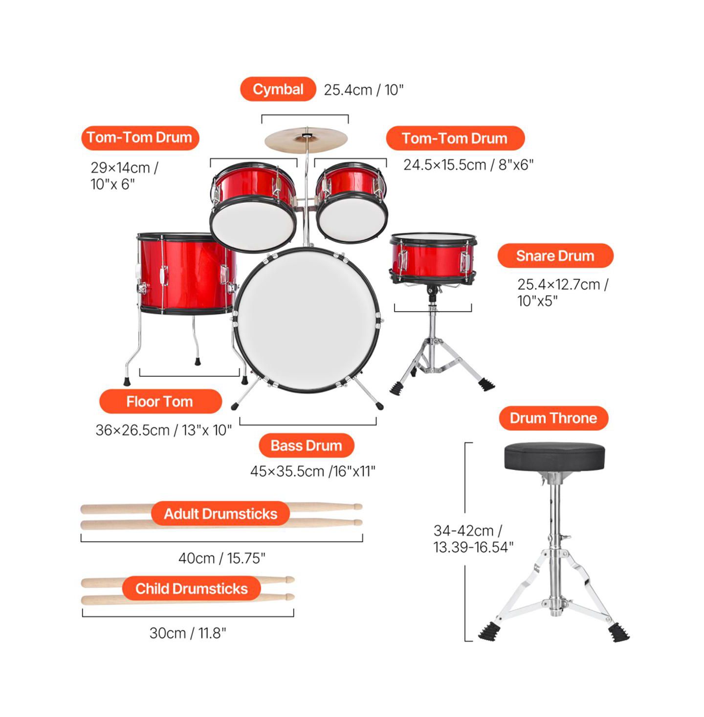 Детские игрушки YOBTOP Kids Adjustable 5-Piece Drum Set, Ages 6+, цвет: Красный — фото 3