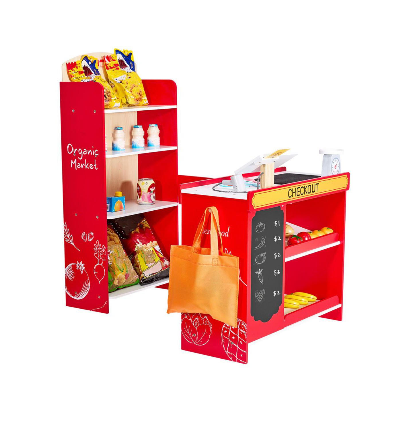 Детский игровой набор YOBTOP Kids Grocery Store Playset with Working Conveyor Belt and Cash Register, 35-Piece, Ages 3+, цвет: Разноцветный — фото 1