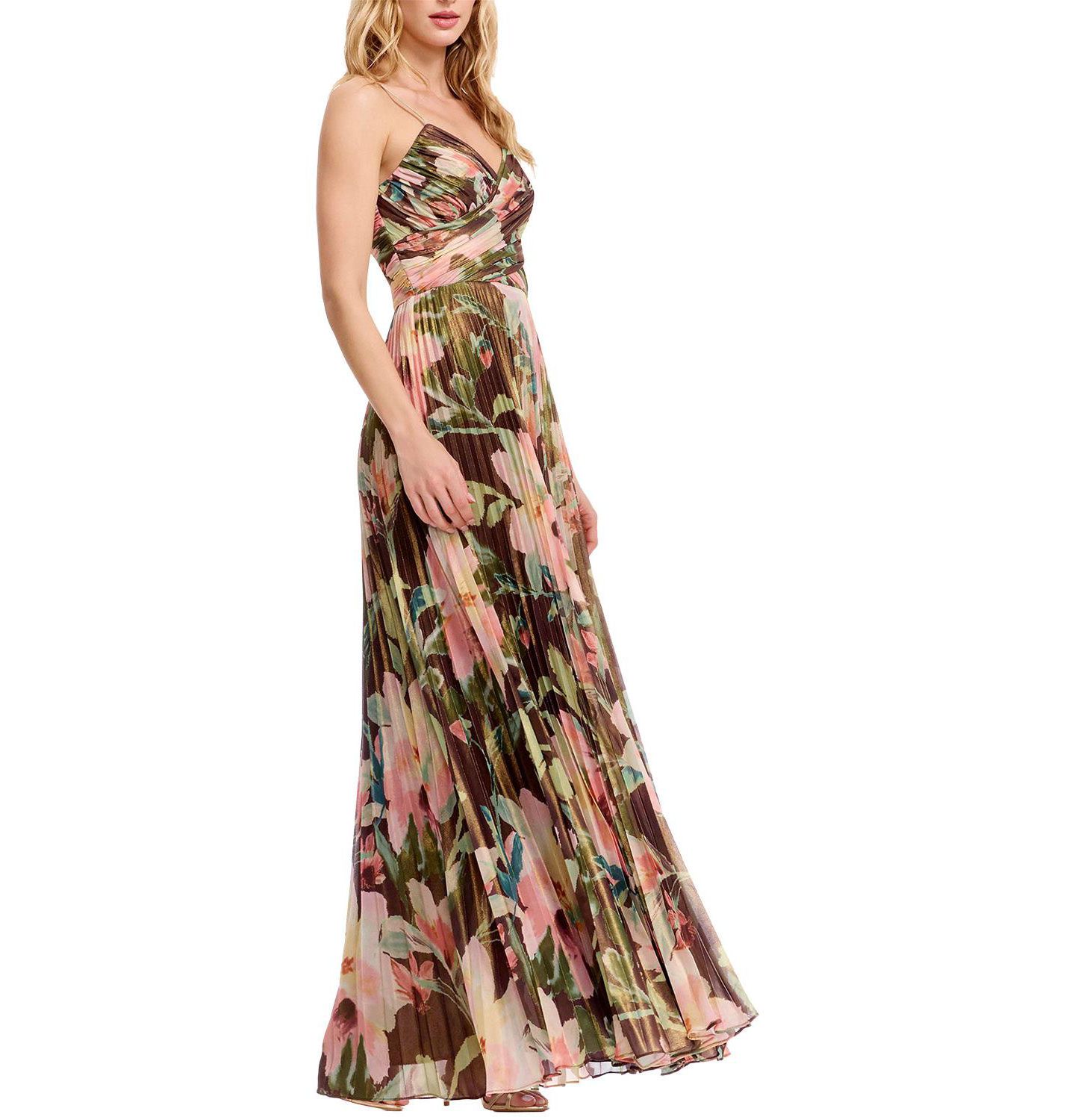 Женское платье Dress the Population Floral-Print Pleated A-line V-Neck Gown, цвет: Мокко разноцветный — фото 5