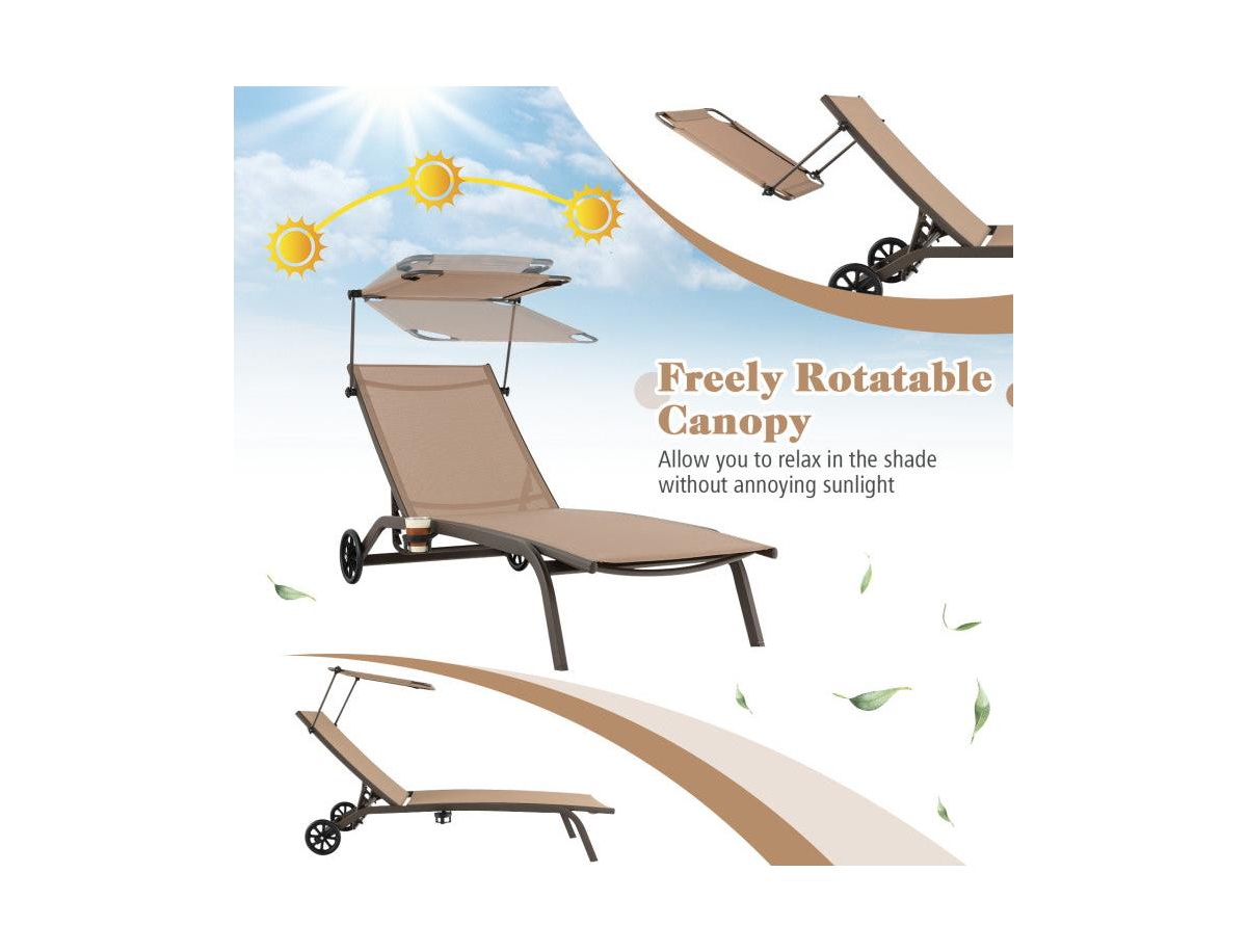 Lucky One Adjustable Patio Chaise Lounge Chair with Canopy Cup Holder and Wheels