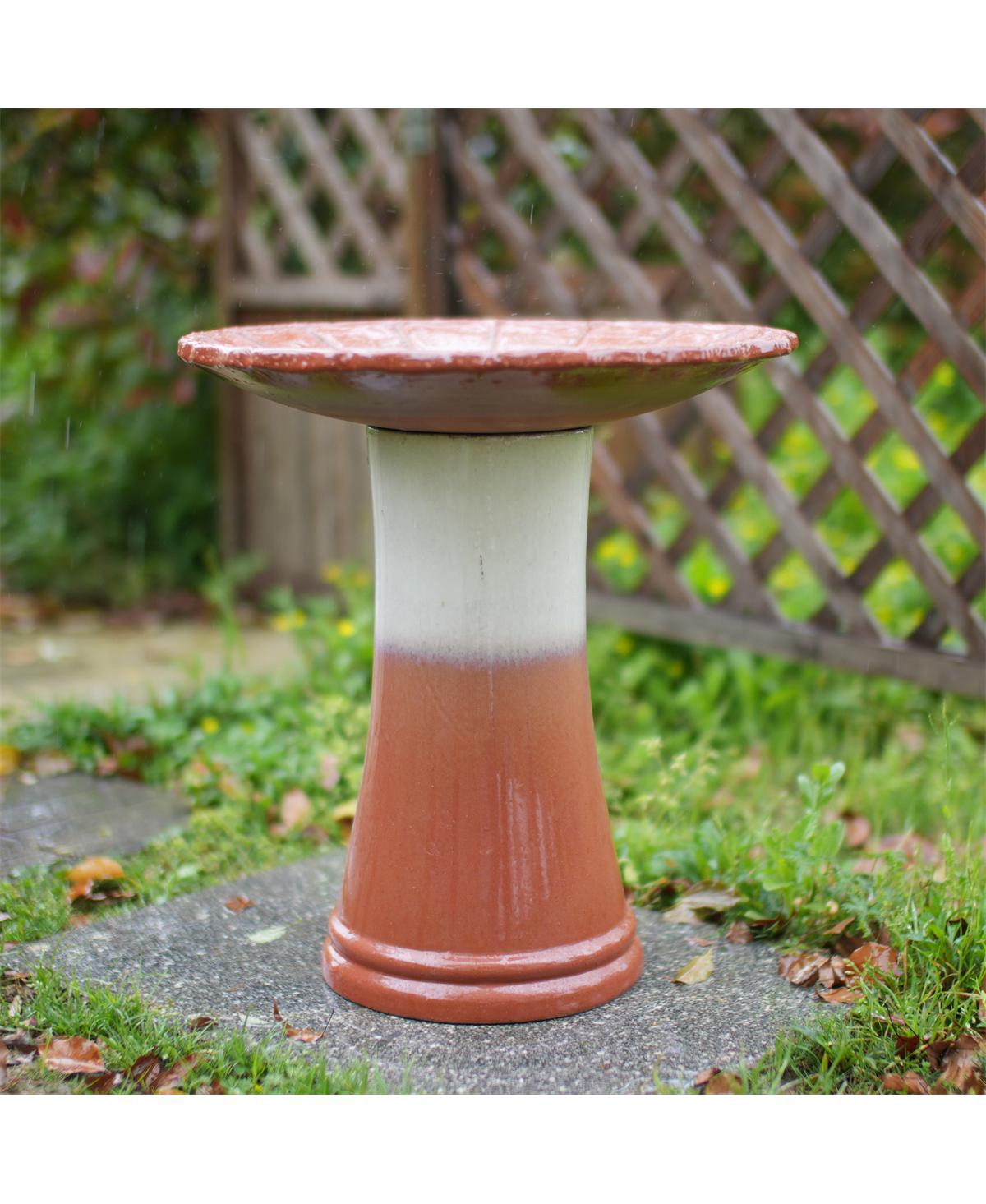 Yobtop Handmade Glazed Ceramic Bird Bath - 17" Scalloped Tray and 18" Pedestal Base, Gradient Glaze, Outdoor Bird Feeder for Yard Lawn
