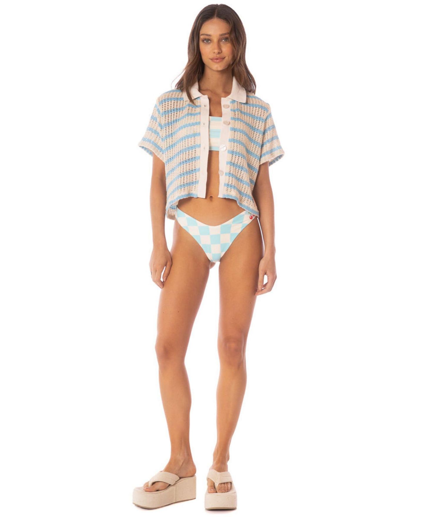 Женская рубашка Maaji Icy Stripes Wavy Collared Crop, цвет: Бирюзовый / Аквамариновый — фото 8