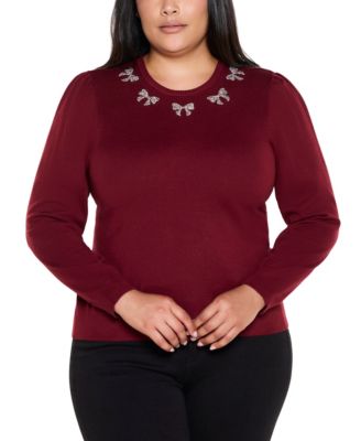 Plus Size  Puff Sleeve Embellished Neckline Sweater