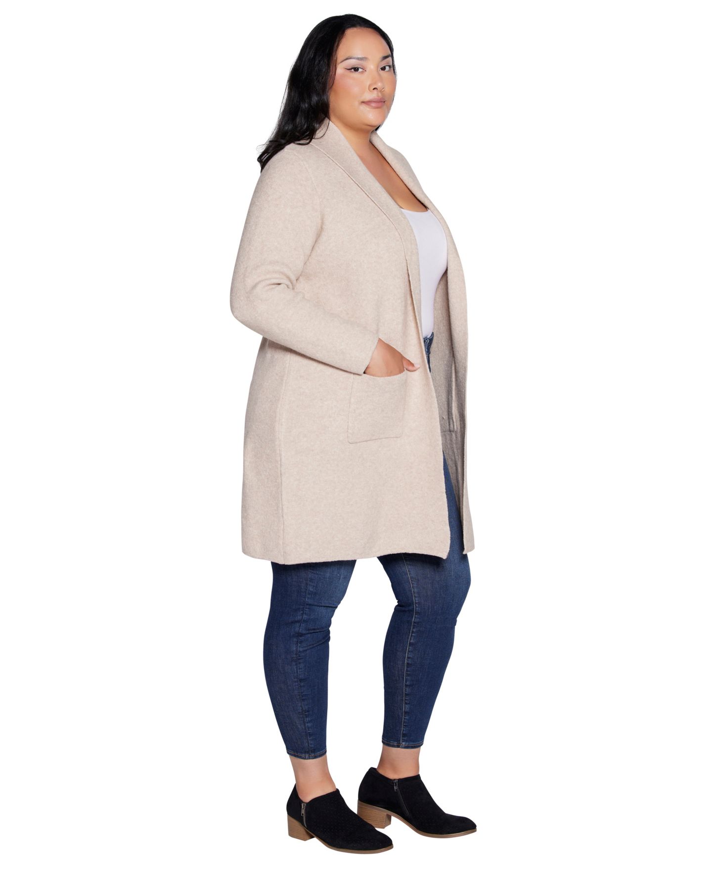 Женский кардиган Belldini Plus Size Duster Shawl Collar Long-Sleeve, цвет: Меланжевый овсяный — фото 2