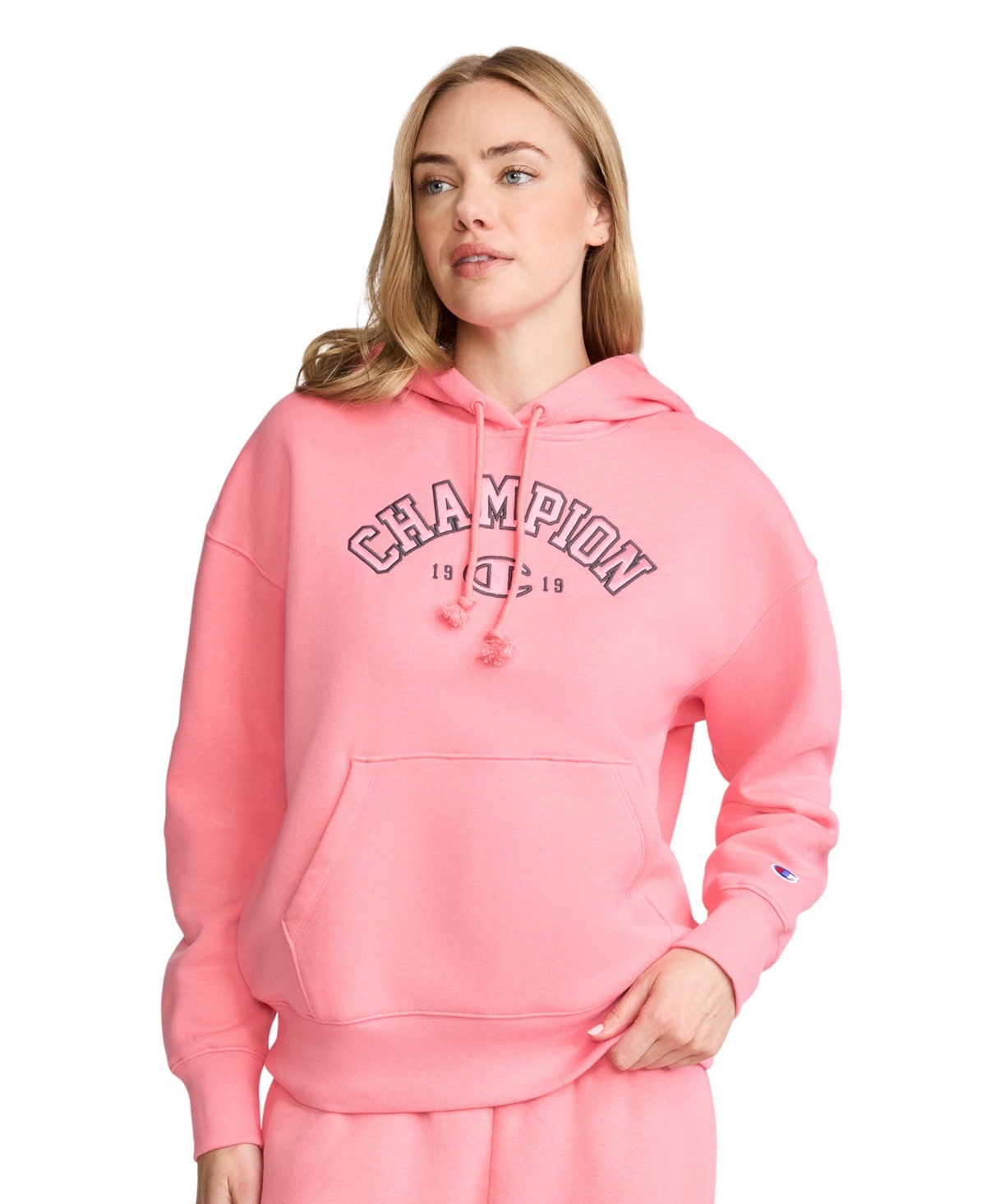 Champion Women's Fleece Long-Sleeve Satin Applique Hoodie - Strawberry Pink