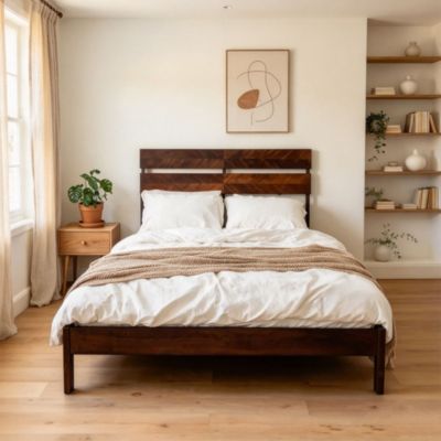 Platform Bed Frame - Mid-Century Modern Wood Bed with Geometric Headboard and Wooden Slats Support, No Box Spring Needed, for Bedroom