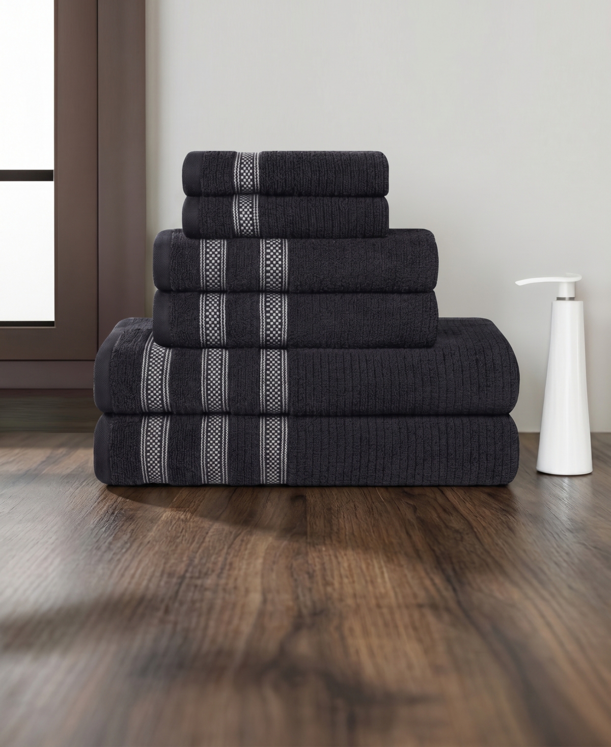 Superior Brea Zero Twist Cotton Ribbed Geometric Border Plush Soft Absorbent -Piece Towel Set