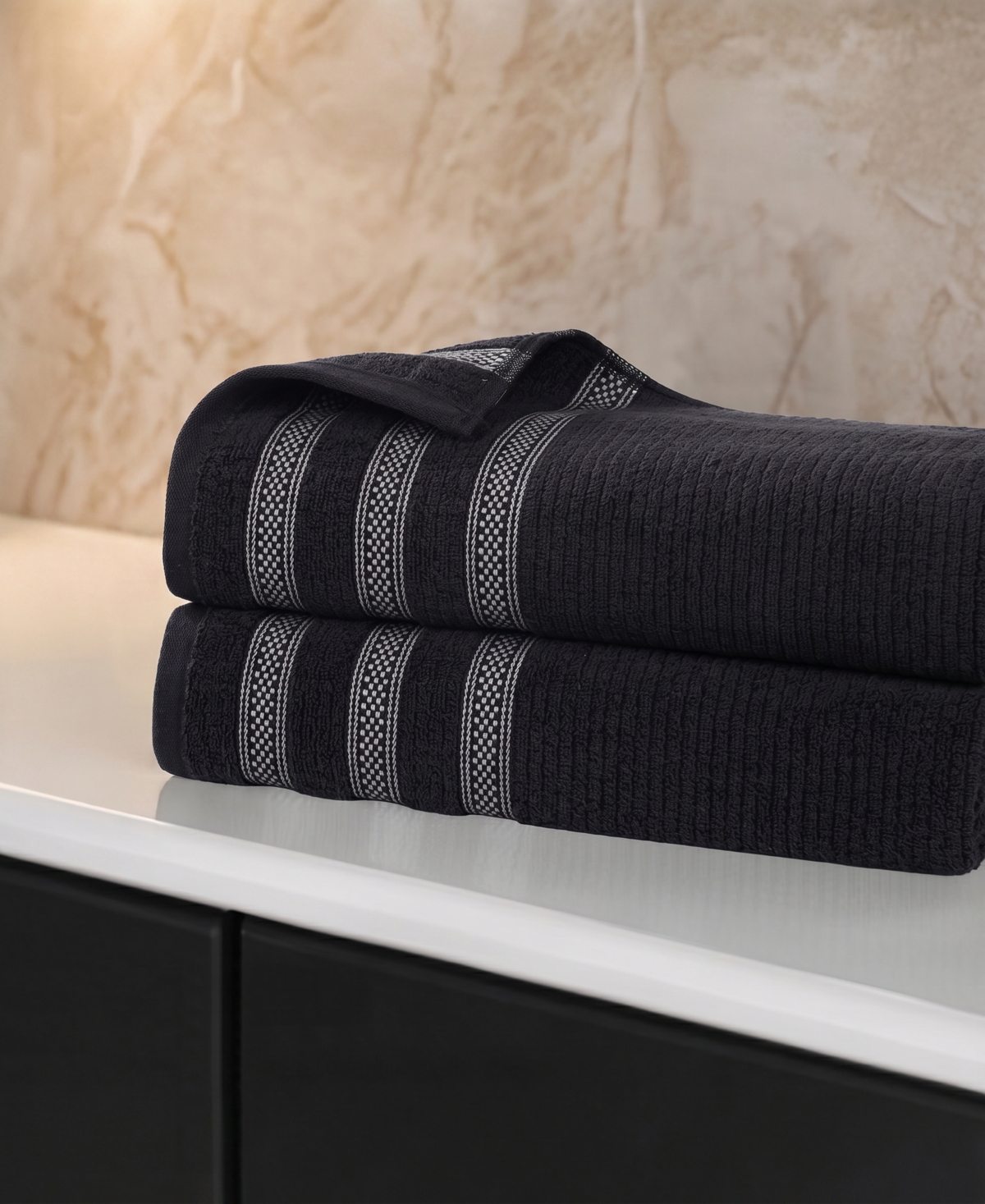 Superior Brea Zero Twist Cotton Ribbed Geometric Border Plush Soft Absorbent 2-Piece Bath Sheet Set