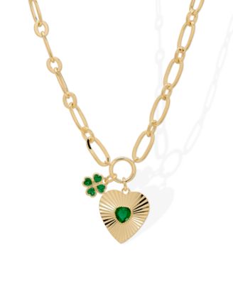 Simulated Emerald Heart and Clover Necklace