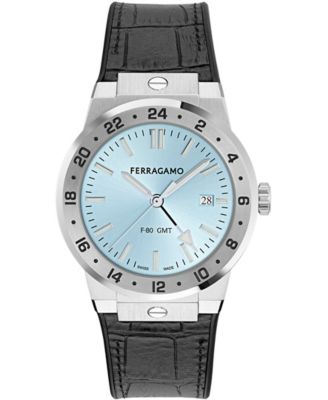 Men's Silver Stainless Steel Leather Strap GMT Watch 41mm