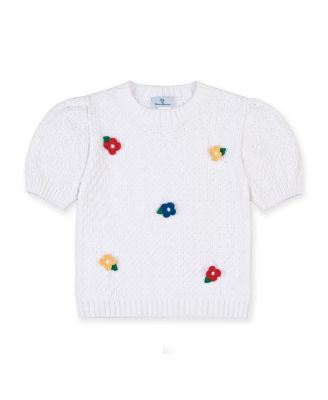 Little Girls (6-12) Short Sleeve Sweater With Crochet Flowers