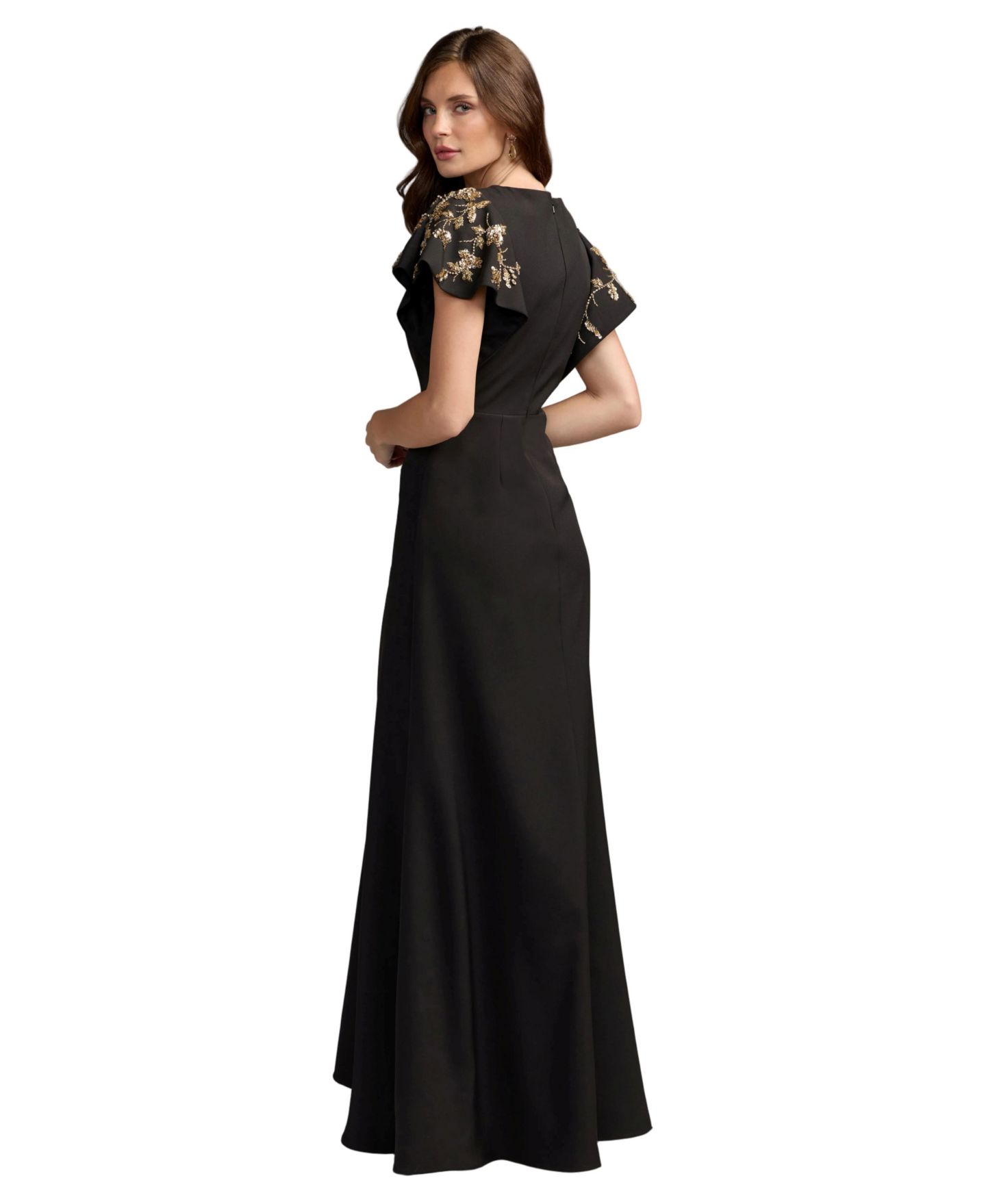 Женское платье Mac Duggal Embellished Flutter-Sleeve Gown, цвет: Чёрный золотой — фото 2
