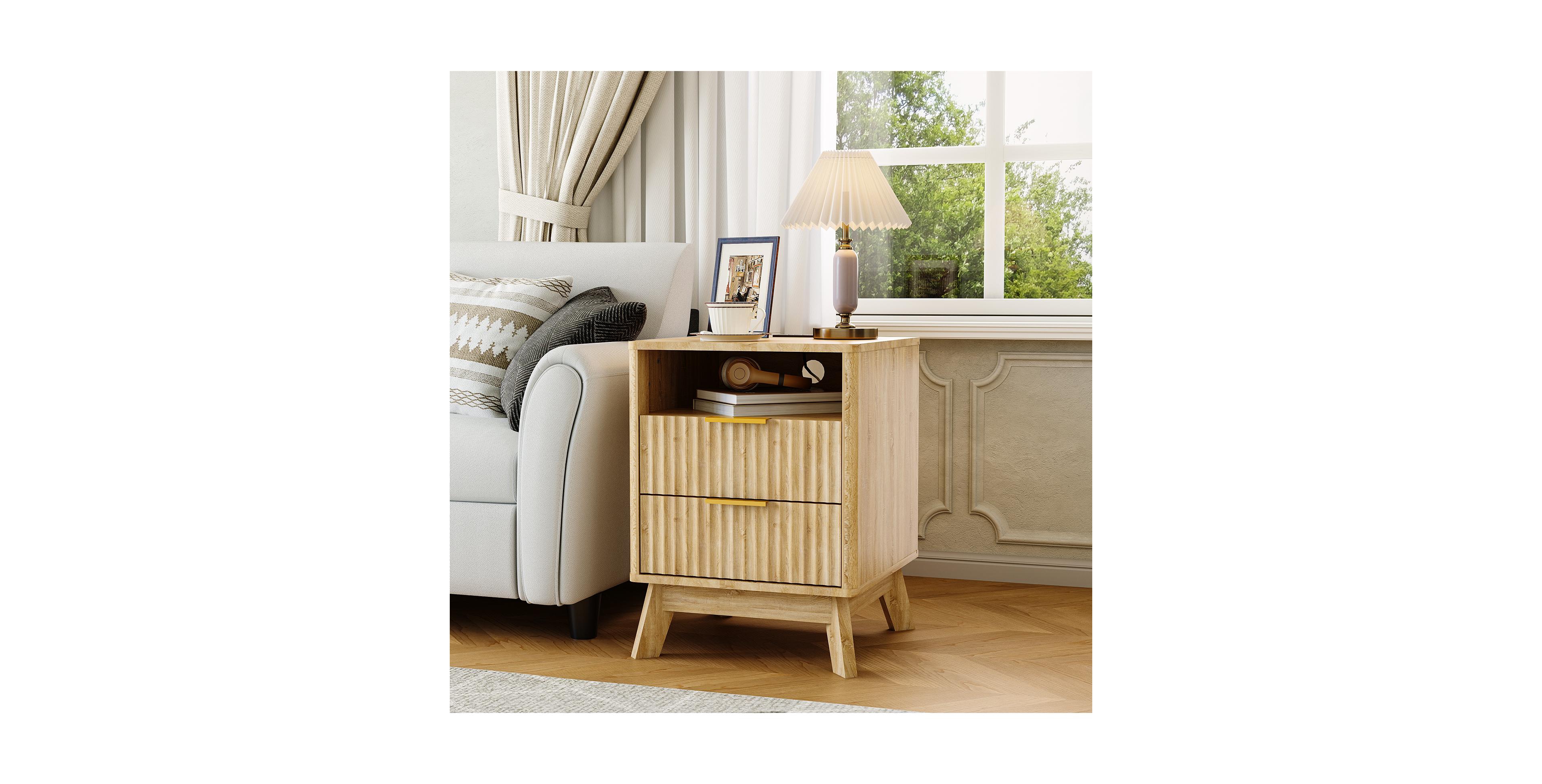 gaomon Modern 2 Drawer Wave Fluted Nightstands, Bedside Tables with Charging Station