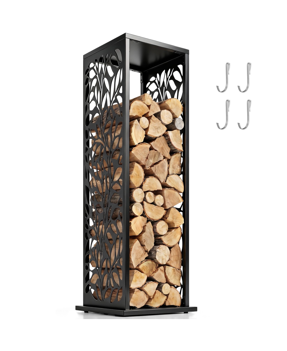 Outsunny 15 Inch Firewood Rack Outdoor Indoor with Cutout Design, - Black