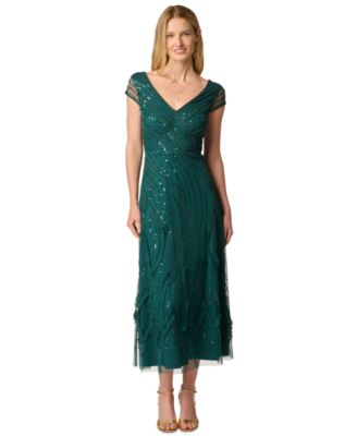 Women's Beaded Cap-Sleeve V-Neck Midi Dress