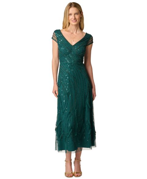 Женское платье Adrianna Papell Beaded Cap-Sleeve V-Neck Midi, цвет: Зелёный