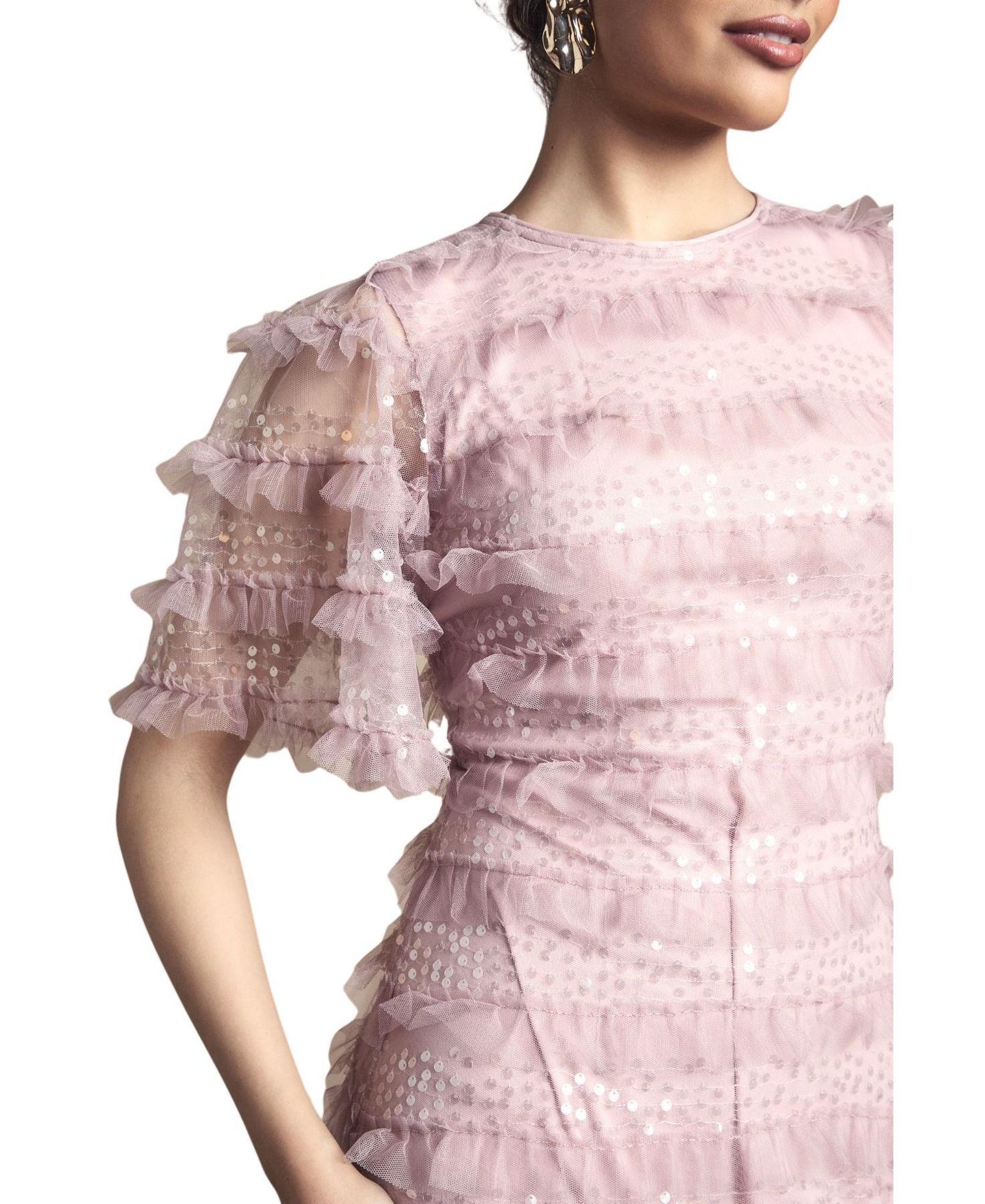 Женское платье Oasis Sequin Ruffle-Detail Short-Sleeve Maxi, цвет: Розовый — фото 5