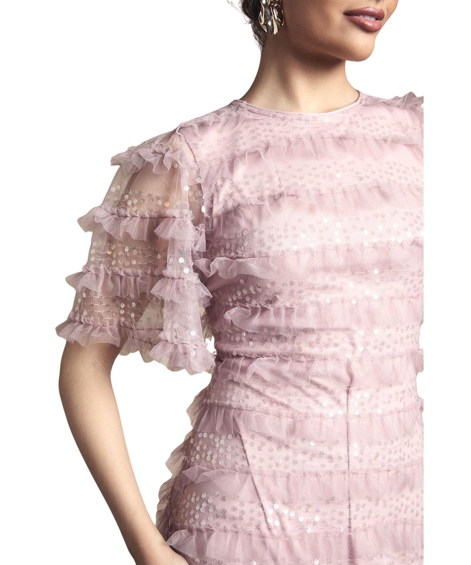Women's Sequin Ruffle-Detail Short-Sleeve Maxi Dress