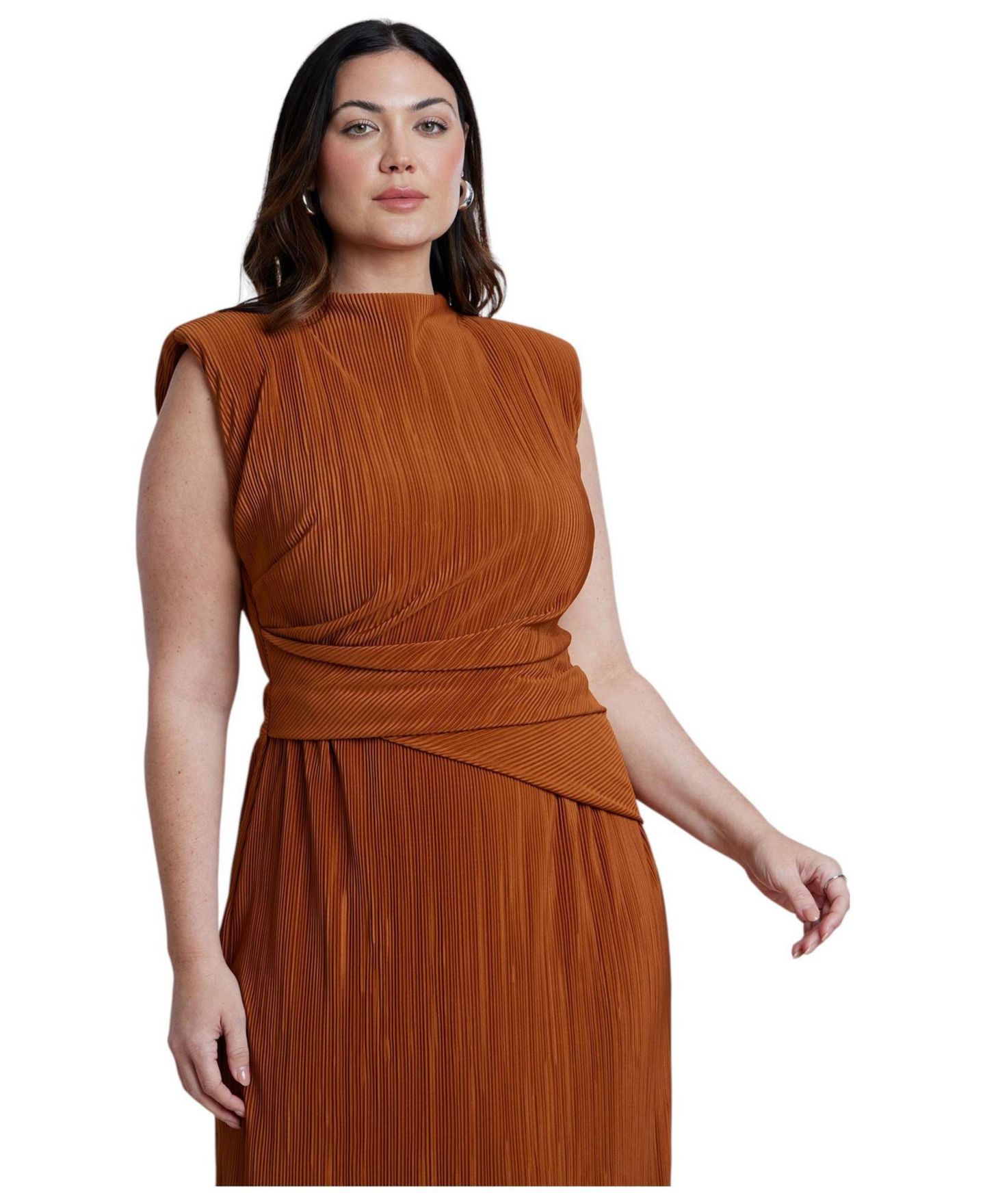 Женское платье ELOQUII Plus Size Draped Bodice Plisse Maxi, цвет: Оранжевый — фото 3