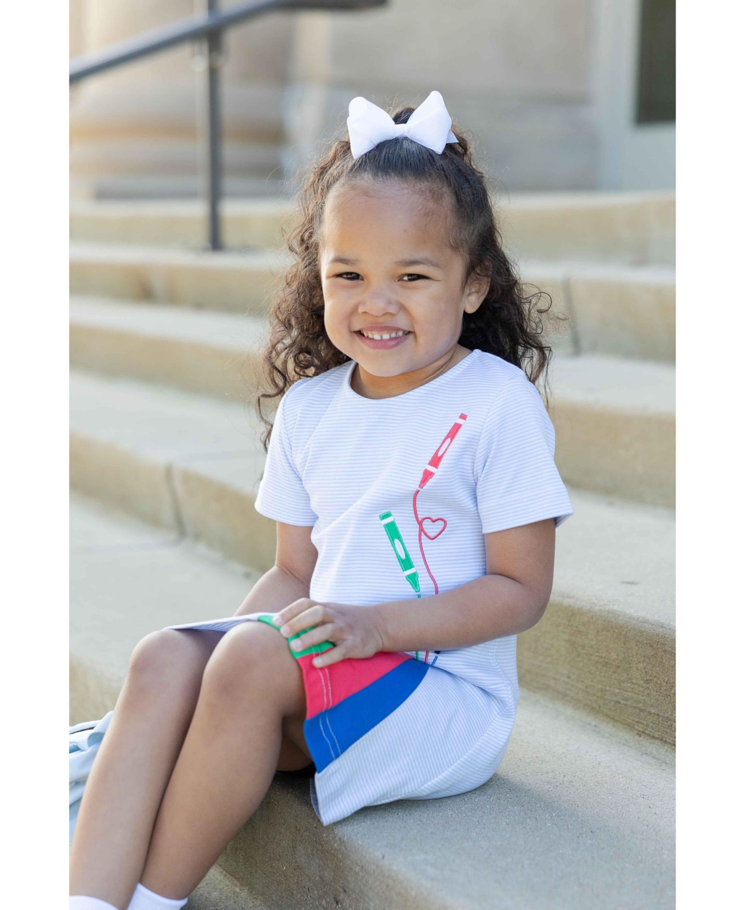 Girl's (2T - 8) Stripe Knit Dress With Applique Crayons