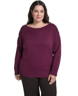 Plus Size Boatneck Button Shoulder Overlay Sweater