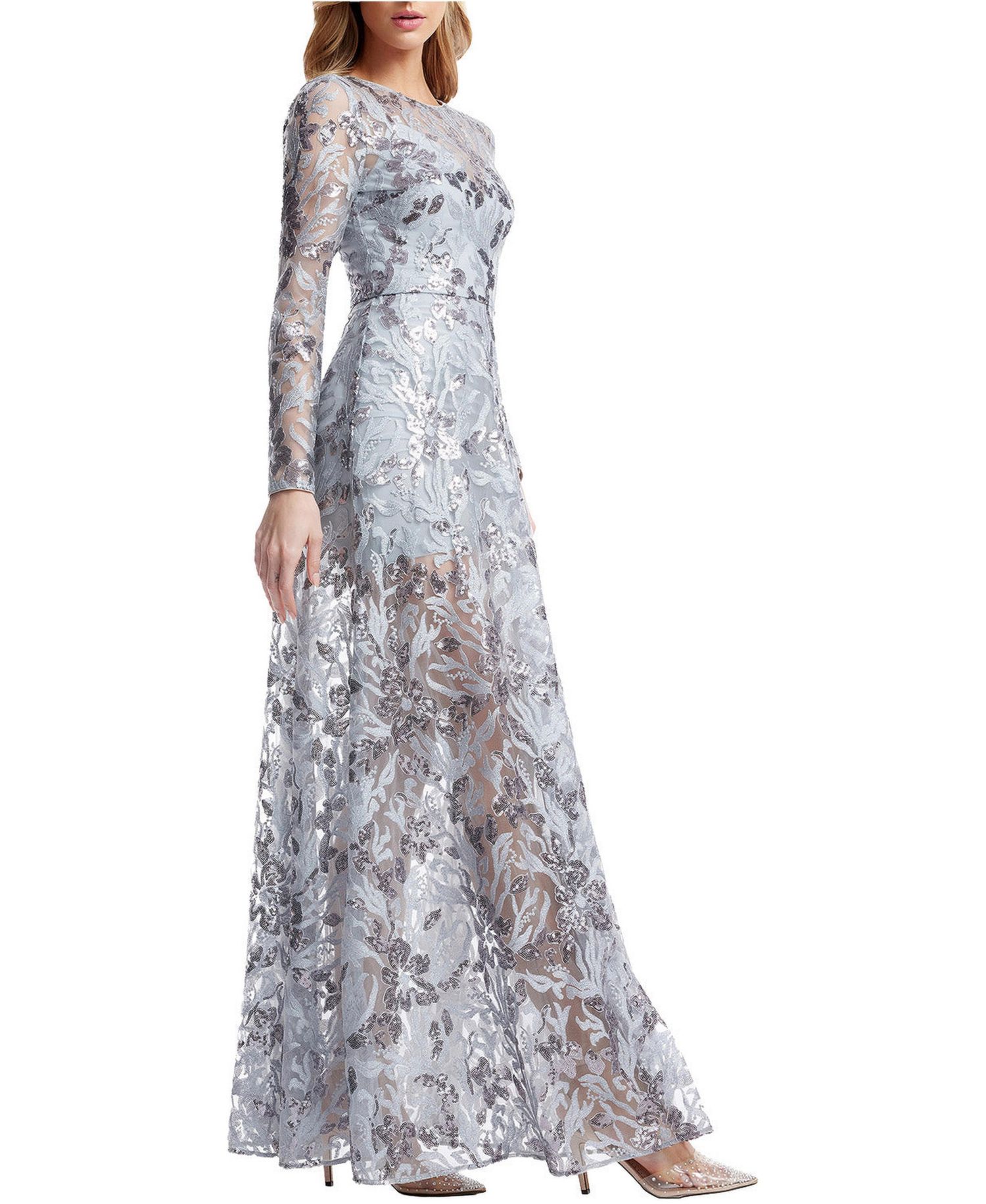 Women's Ava Long-Sleeve Floral-Sequin Gown