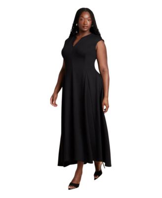 Plus Size V-Neck Notch-Seam Detail Ponte Maxi Dress