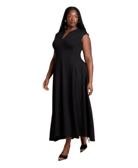 Женское платье ELOQUII Plus Size V-Neck Notch-Seam Detail Ponte Maxi, цвет: Чёрный оникс
