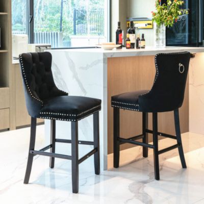 Set of 2 Upholstered Bar Stools Button Tufted Wooden Legs
